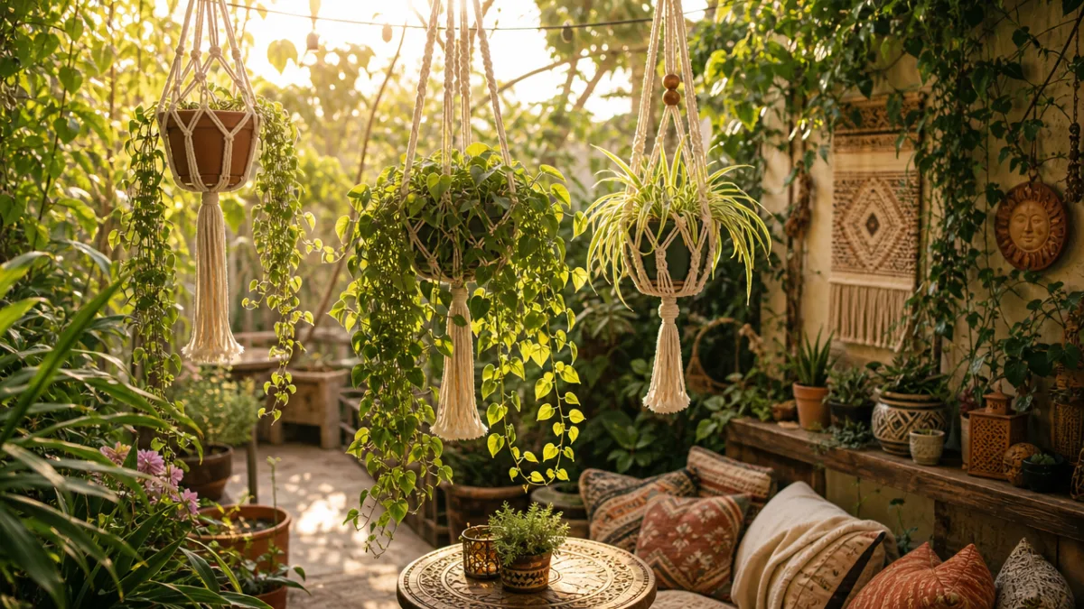 a sunlit bohemian garden with macramé plant hangers and lush trailing greenery,…