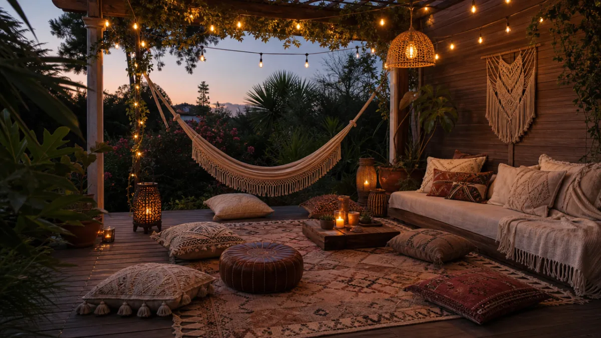 a cozy boho outdoor lounge with hammock, floor cushions, and fairy lights,…
