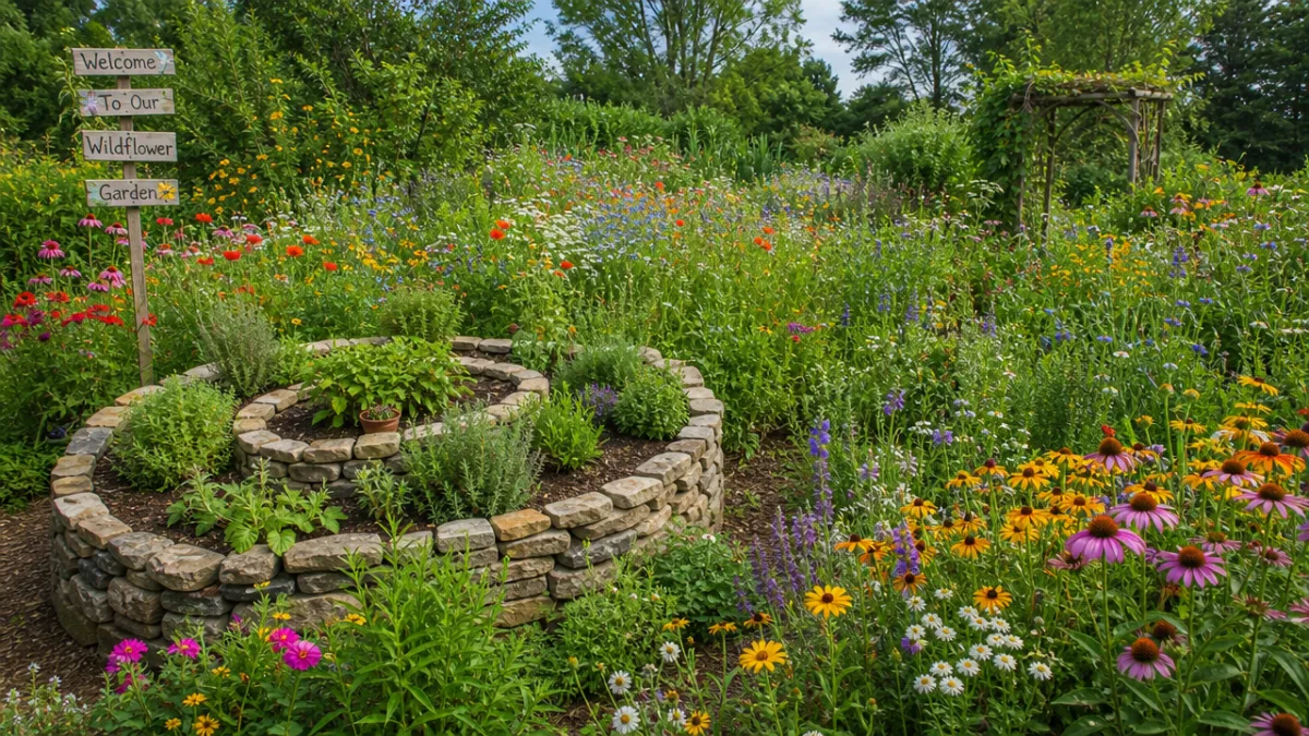 a lush wildflower meadow garden with herb spiral and colorful blooms, bright…