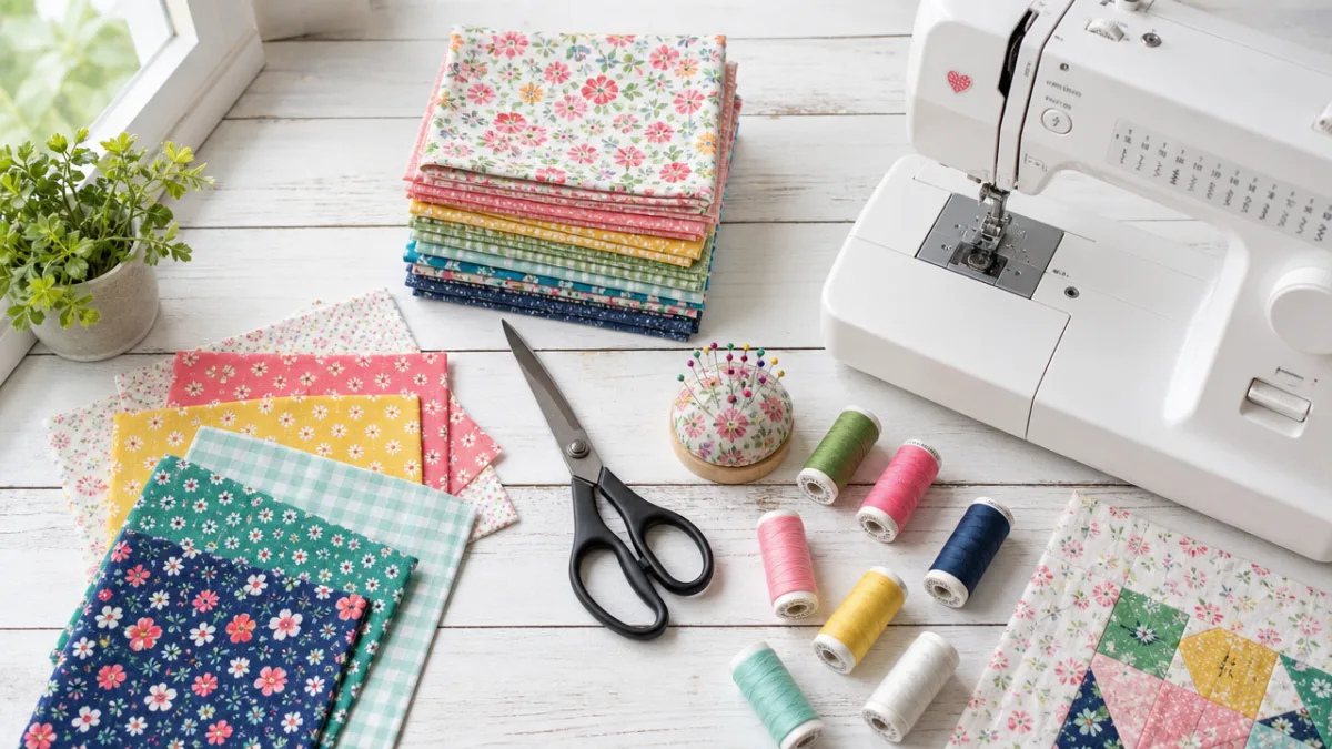a flat lay of colorful cotton fabric squares, scissors, thread spools, and…
