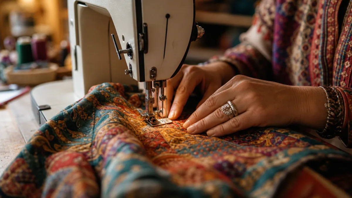 hands guiding colorful patterned fabric through a sewing machine, warm workshop lighting…