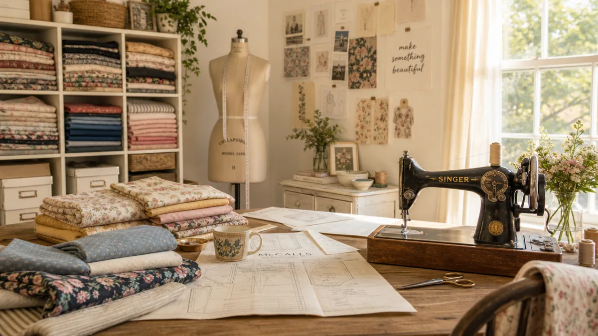a bright airy sewing studio with folded fabrics, printed patterns and a…