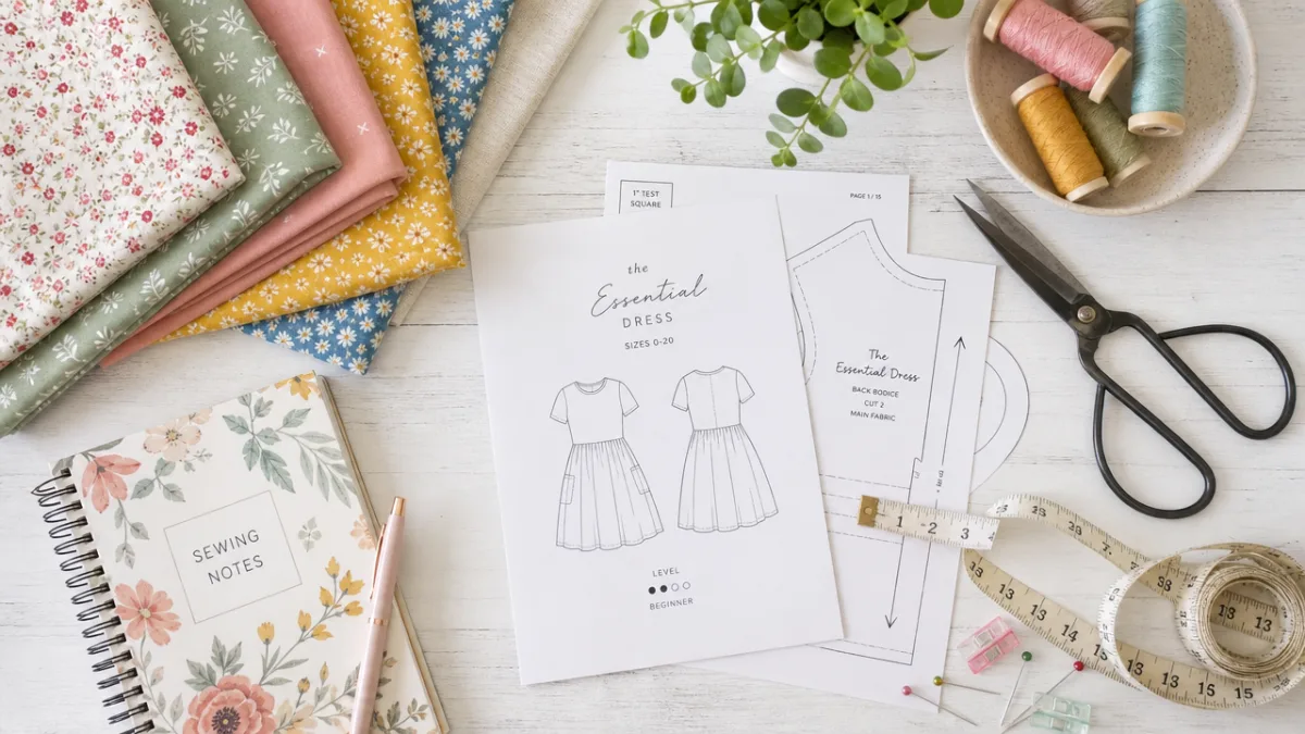 a flat lay of colorful fabric swatches, sewing tools and printed PDF…