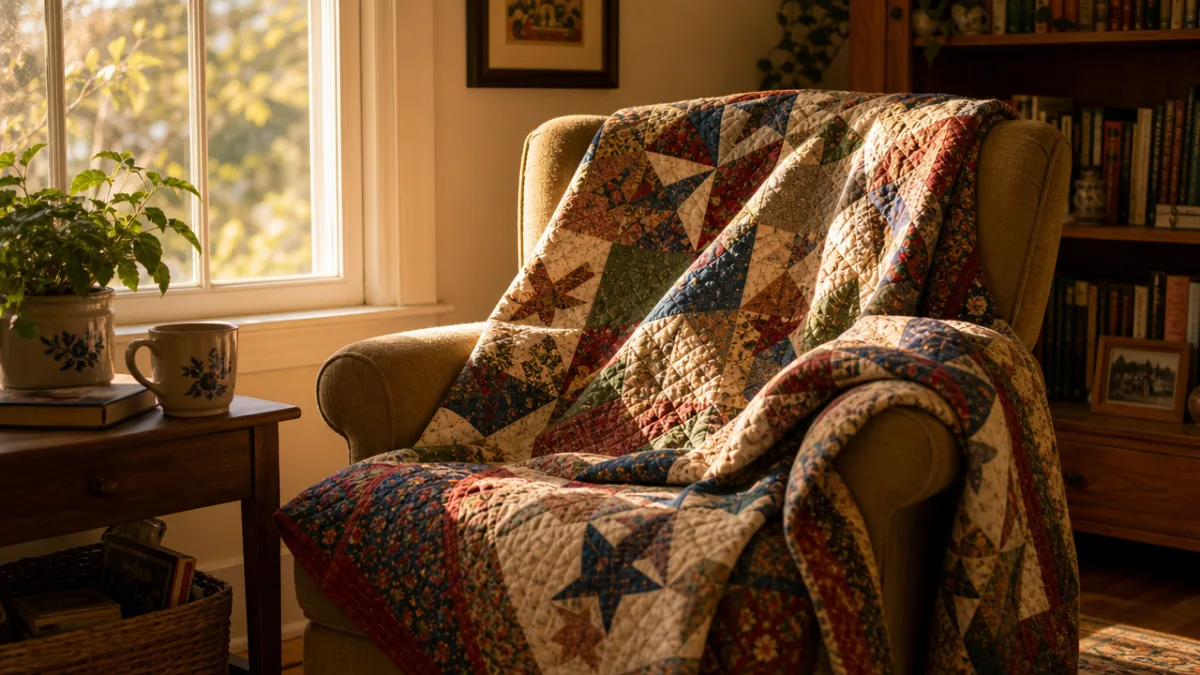 a cozy handmade quilt draped over an armchair beside a window, golden…