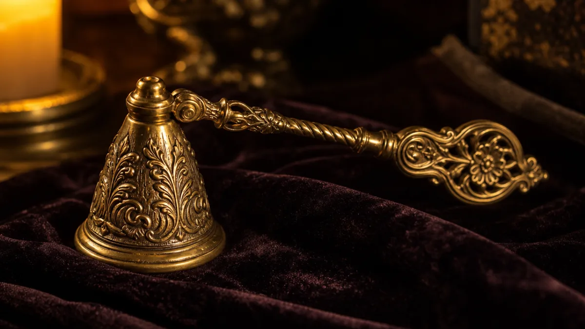a close-up of an ornate golden candle snuffer resting on dark velvet,…