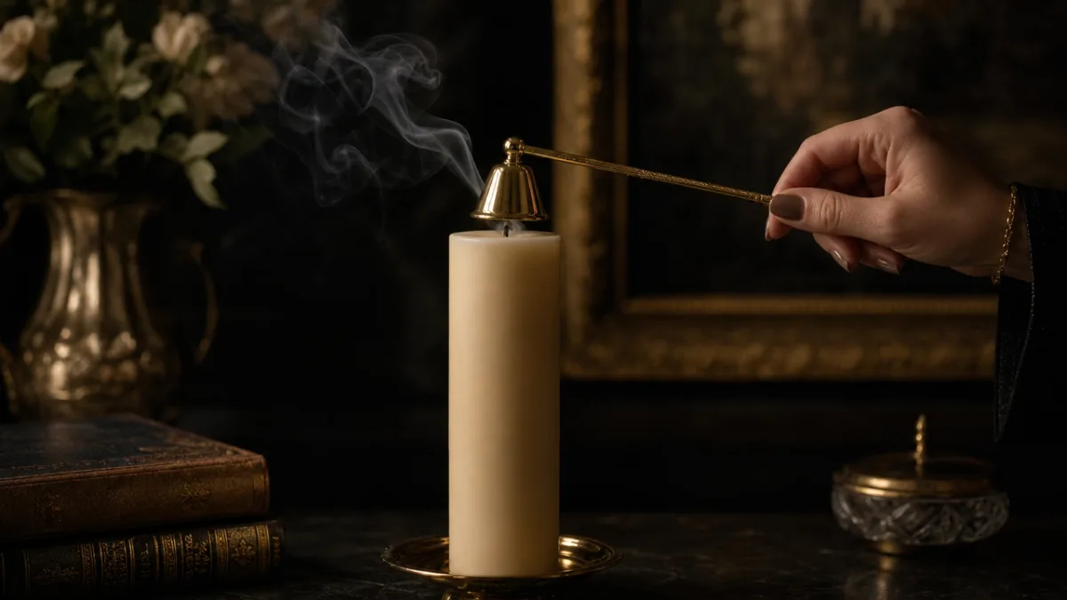 a golden candle snuffer being used to extinguish a tall cream pillar…