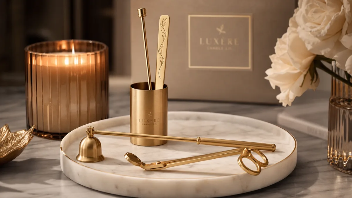 a beautifully arranged candle accessory set with golden snuffer on a marble…