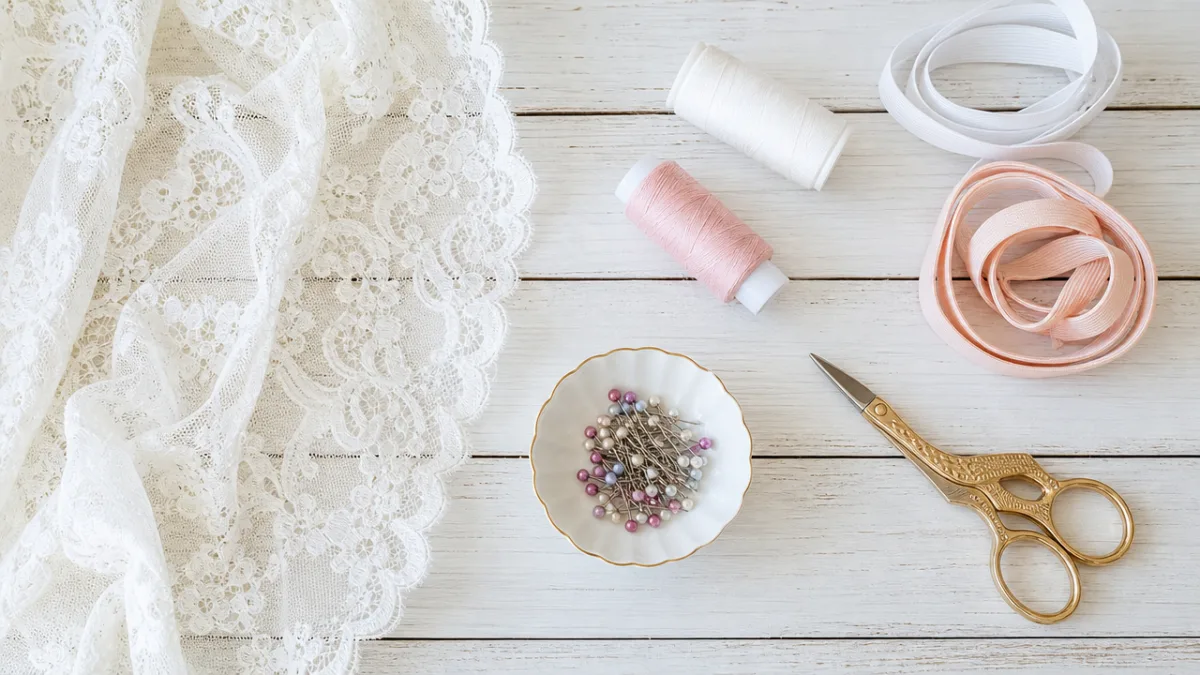 a flat lay of lace fabric, thread, scissors, elastic bands, and sewing…