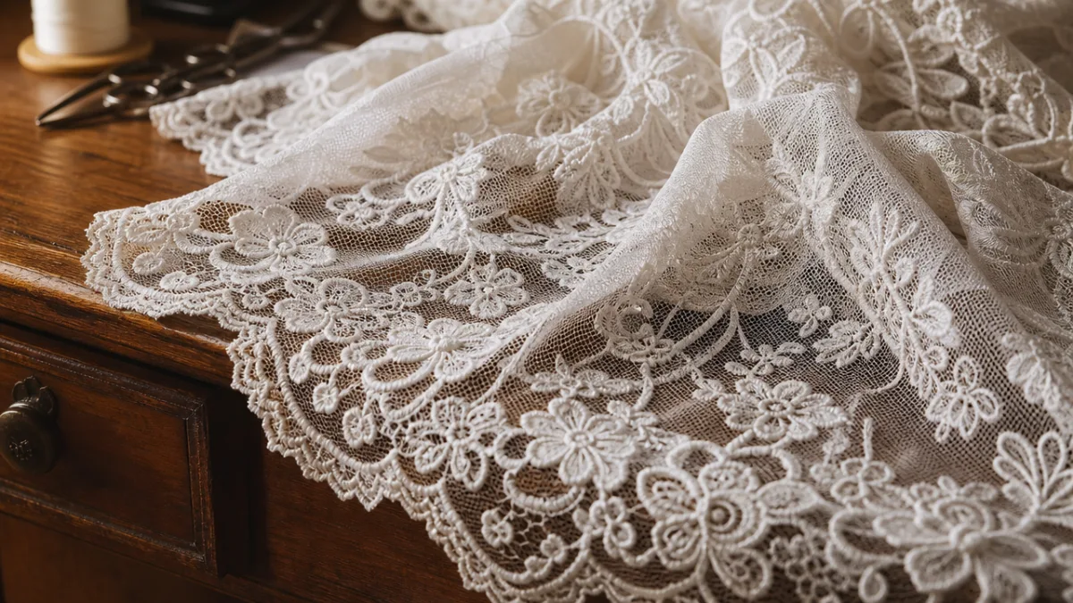close-up of delicate white lace fabric with floral pattern draped over a…