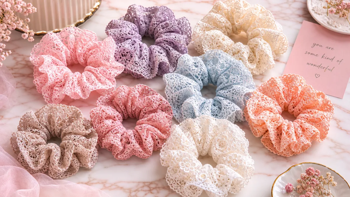 a collection of colorful handmade lace scrunchies arranged on a marble surface,…