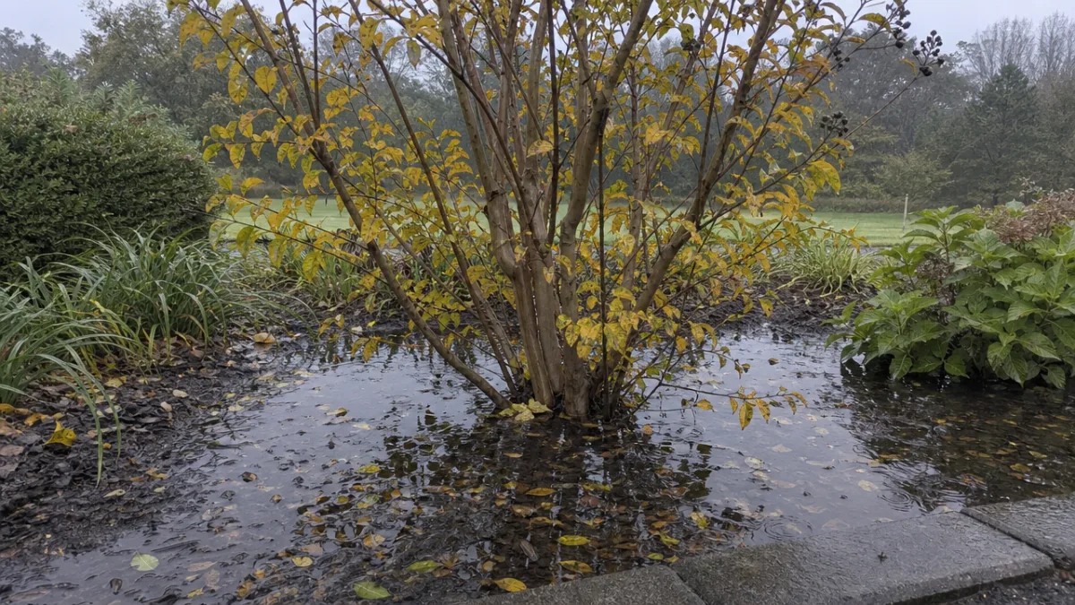 a waterlogged garden bed with yellowing crepe myrtle leaves and standing water…
