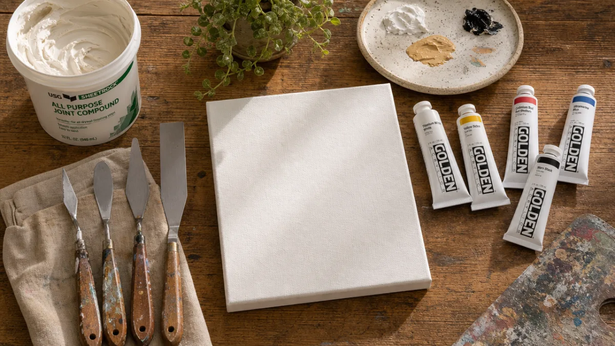 a flat lay of art supplies including joint compound, palette knives, canvas,…