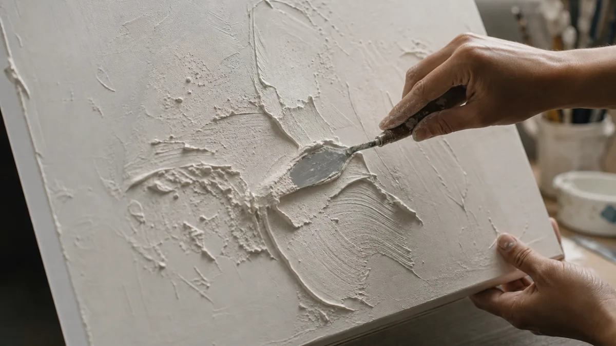 hands applying textured joint compound to a canvas with a palette knife,…