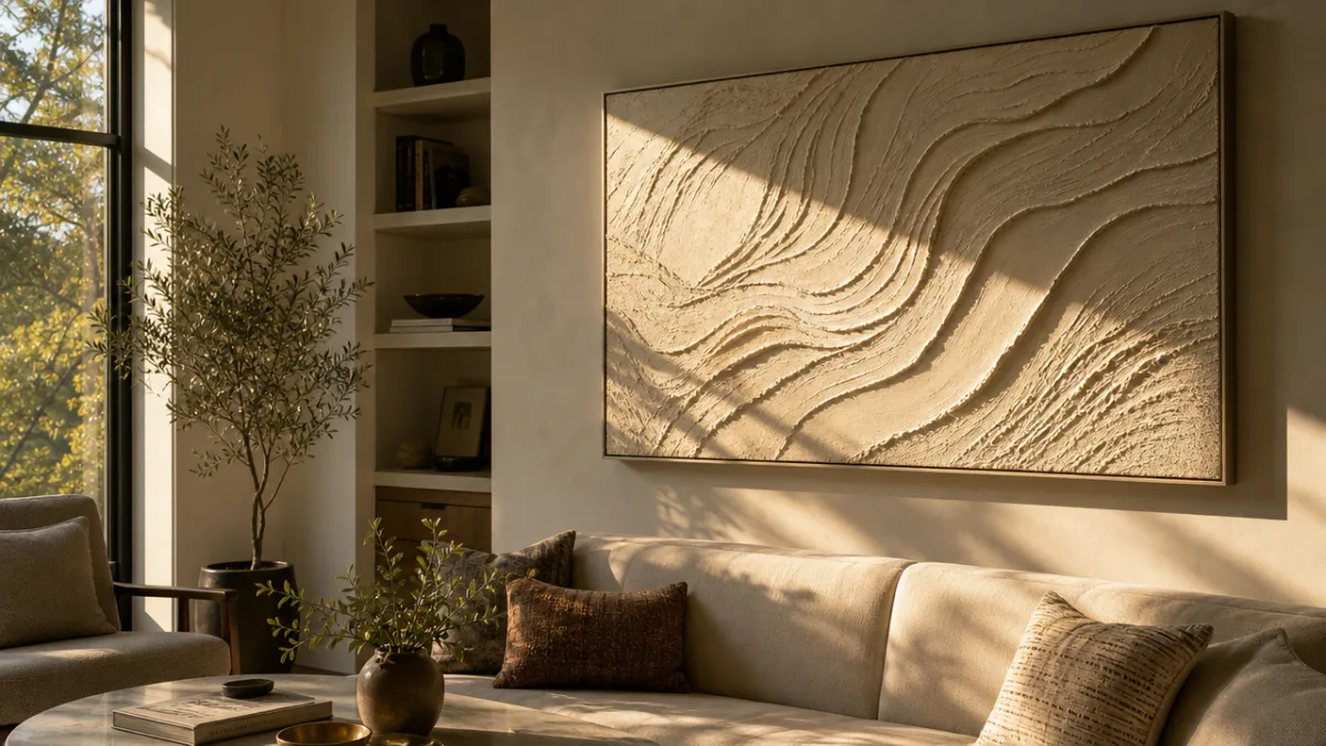 a finished textured wall art piece hanging in a bright modern living…