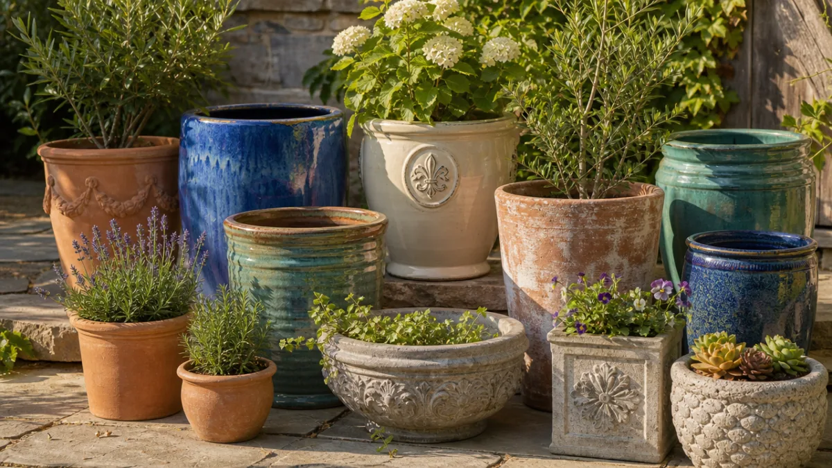 a collection of diverse garden pottery including terra cotta, glazed ceramic, and…