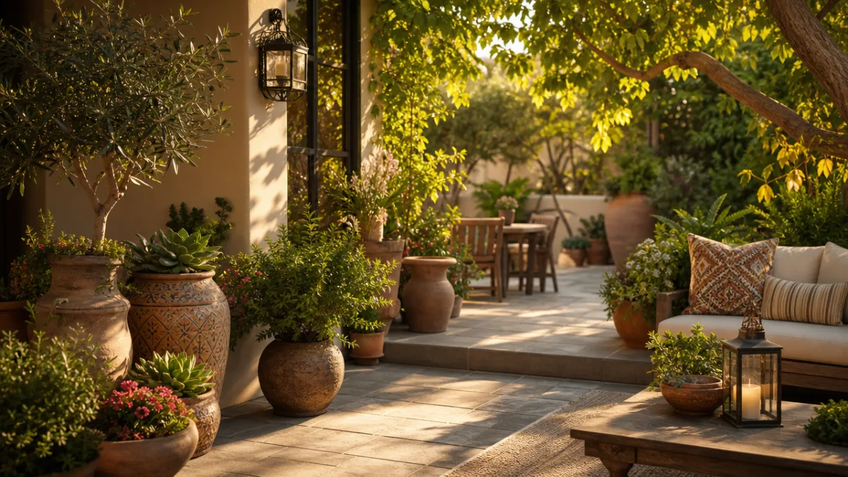 a beautifully styled patio garden with layered pottery arrangements, lush green plants,…