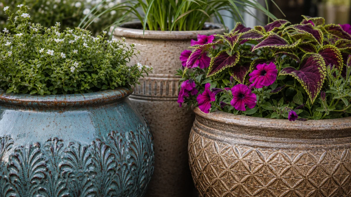 close-up of premium garden pottery with intricate textures and vibrant plants, soft…