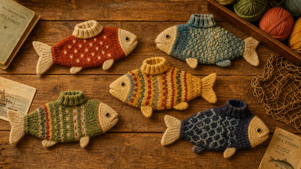 a vintage-style flat lay of colorful hand-knitted fish sweaters on a wooden…