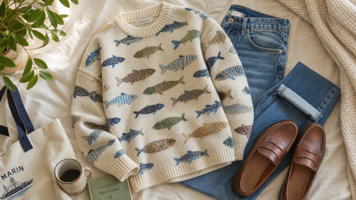 a cozy styled outfit flat lay with a patterned fish sweater, jeans,…