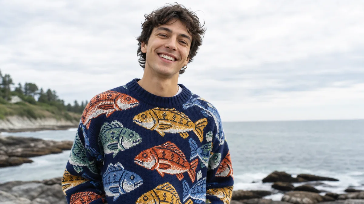 a smiling person wearing a bold fish-patterned sweater outdoors near the ocean,…