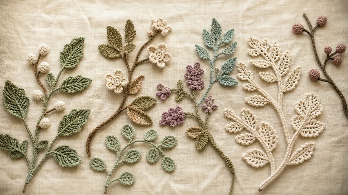 finished Irish crochet branch motifs arranged beautifully on aged cream linen fabric,…