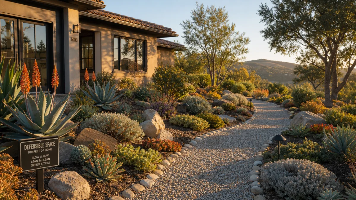 a defensible space garden with fire-resistant succulents and gravel pathways around a…