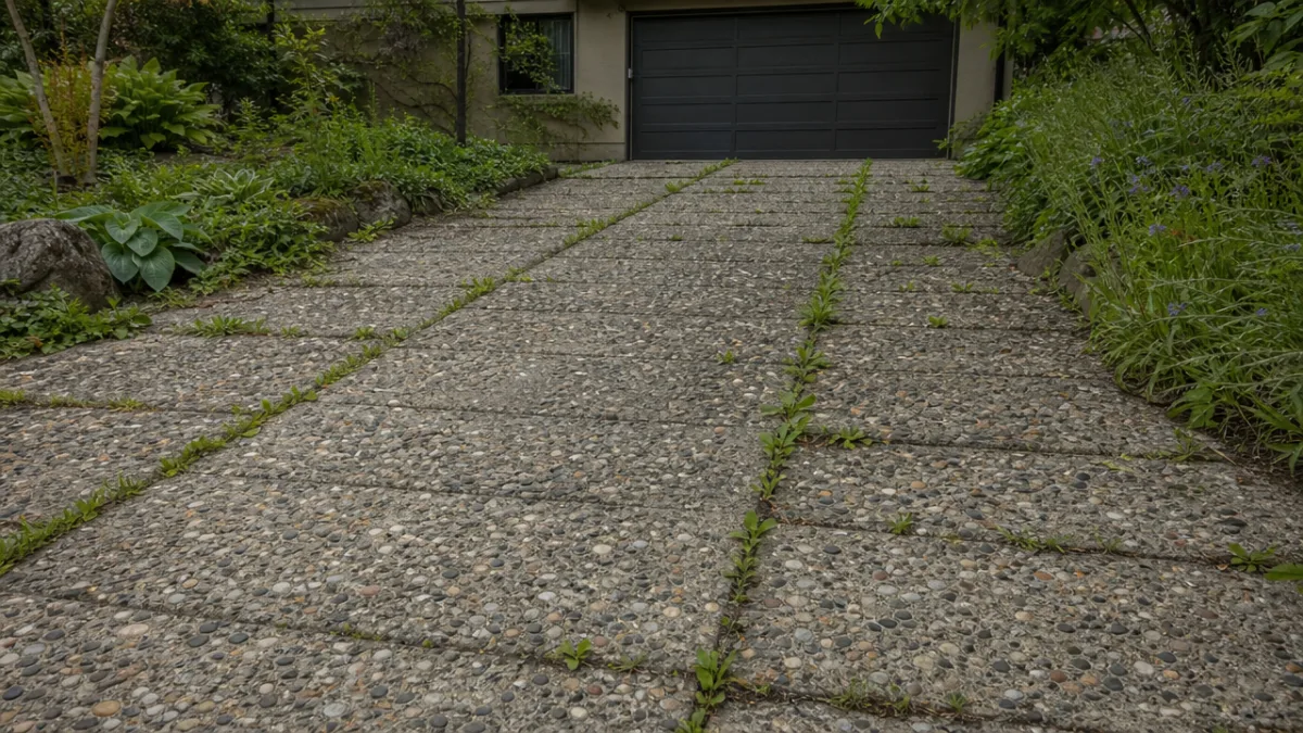 a textured no-fines concrete driveway with plants growing through gaps, soft overcast…
