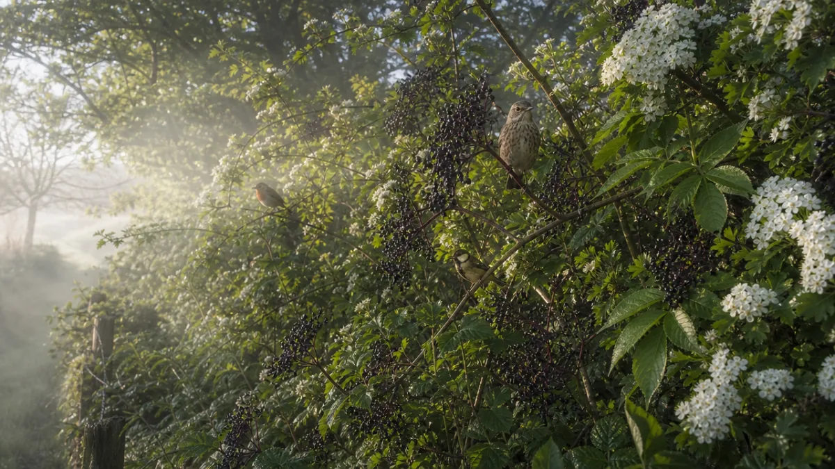 a lush living fence of intertwined hawthorn and elderberry hedgerow with birds…