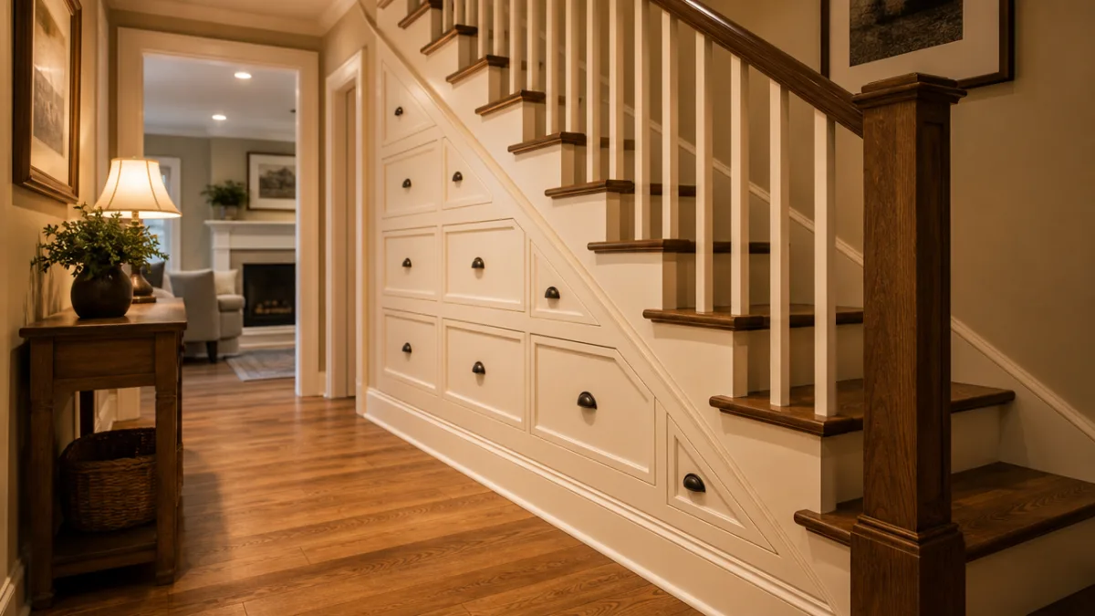 a warm-toned hallway with custom built-in under-stair drawers painted white, soft ambient…