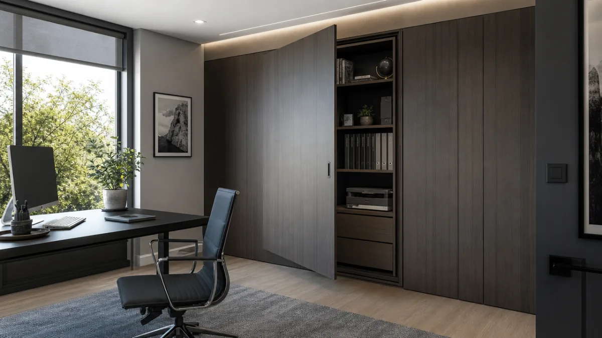 a sleek modern home office with a wall panel swung open revealing…