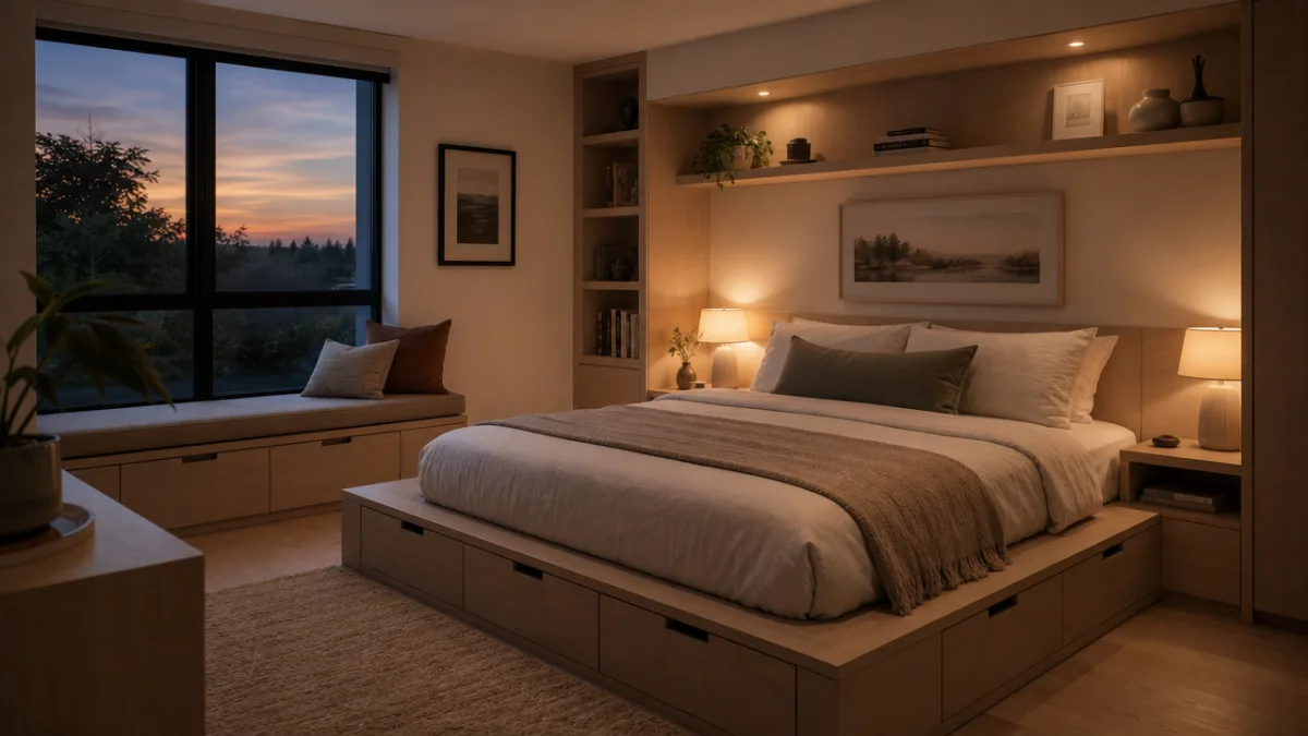 a serene bedroom with a custom built-in platform bed with hidden drawers,…