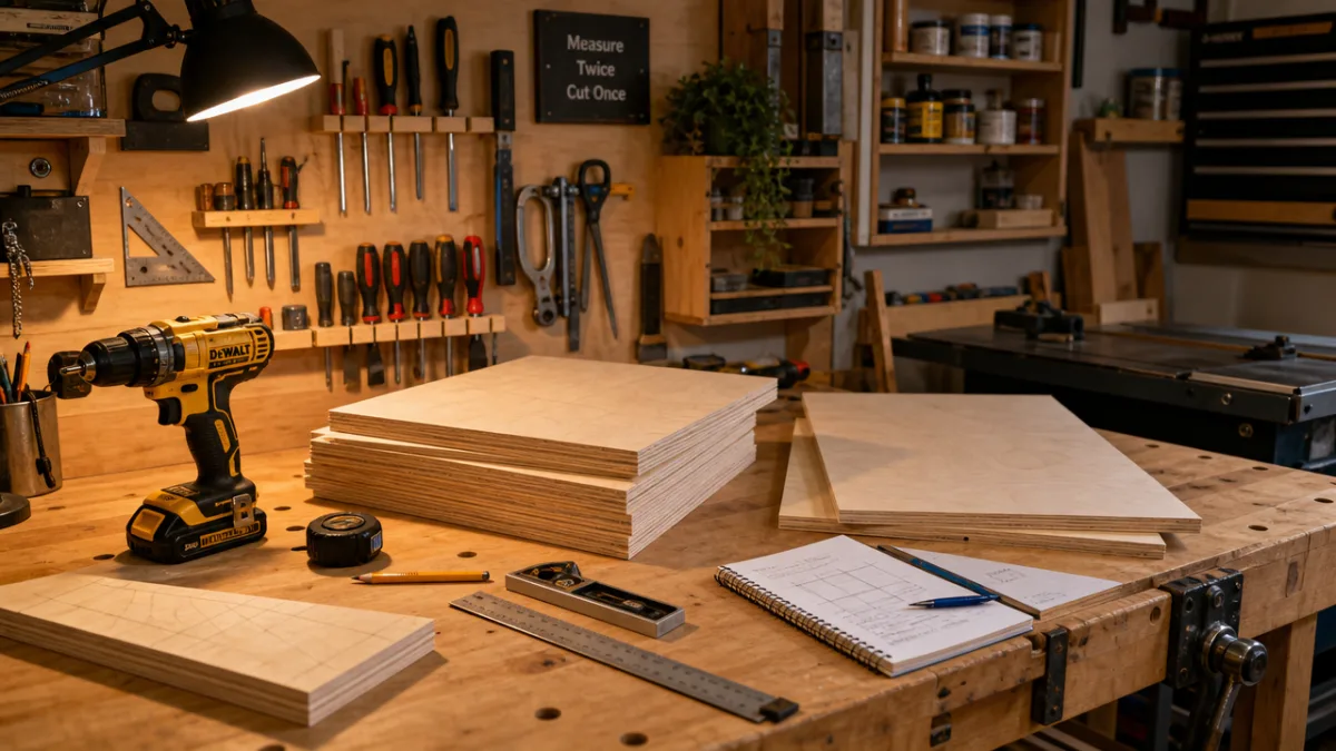 a well-lit workshop workbench covered with plywood sheets, measuring tools, and a…