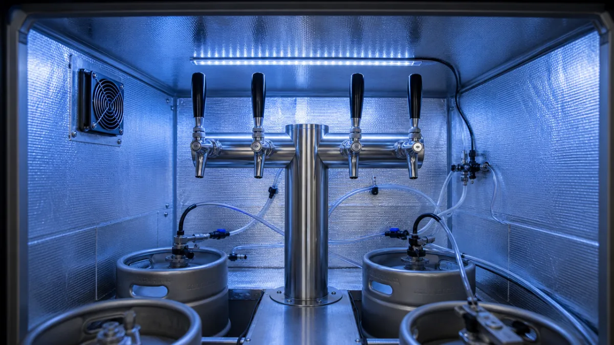 an interior view of a keg box showing gleaming stainless tap tower…
