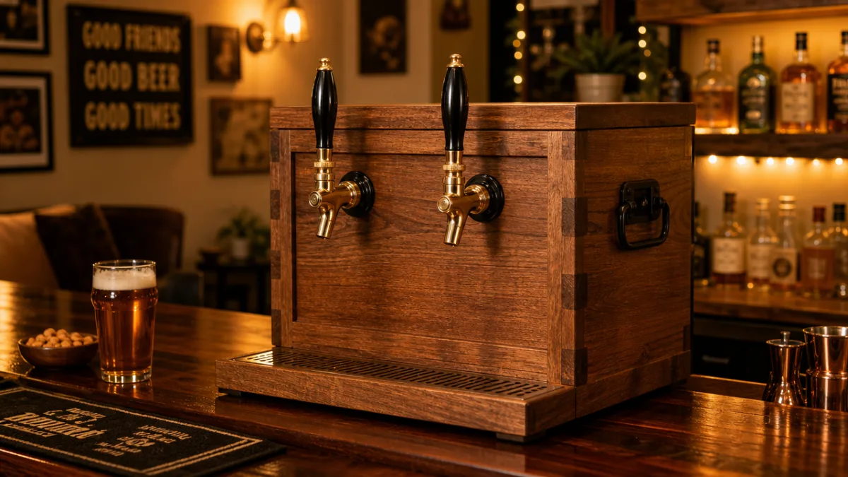 a finished wooden keg box with polished tap handles in a cozy…