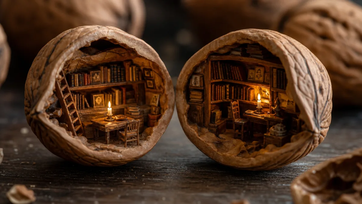 two open walnut shells revealing tiny handcrafted library interiors, warm golden candlelight,…