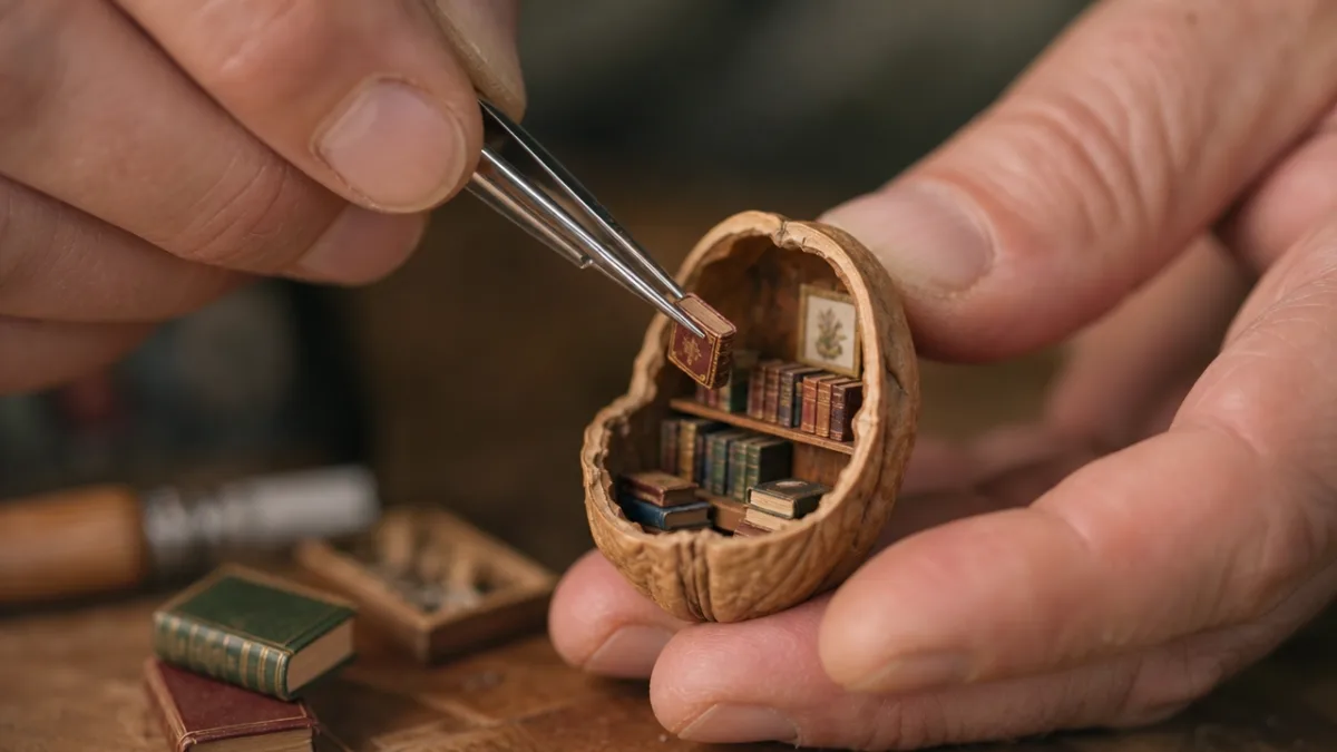 close-up of artisan hands using tweezers to place tiny books in walnut…