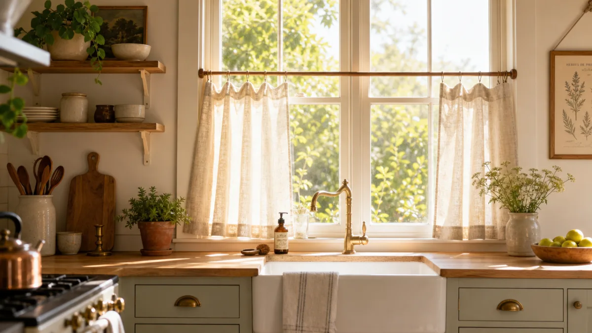 a sun-filled kitchen with linen café curtains on a wooden rod, warm…
