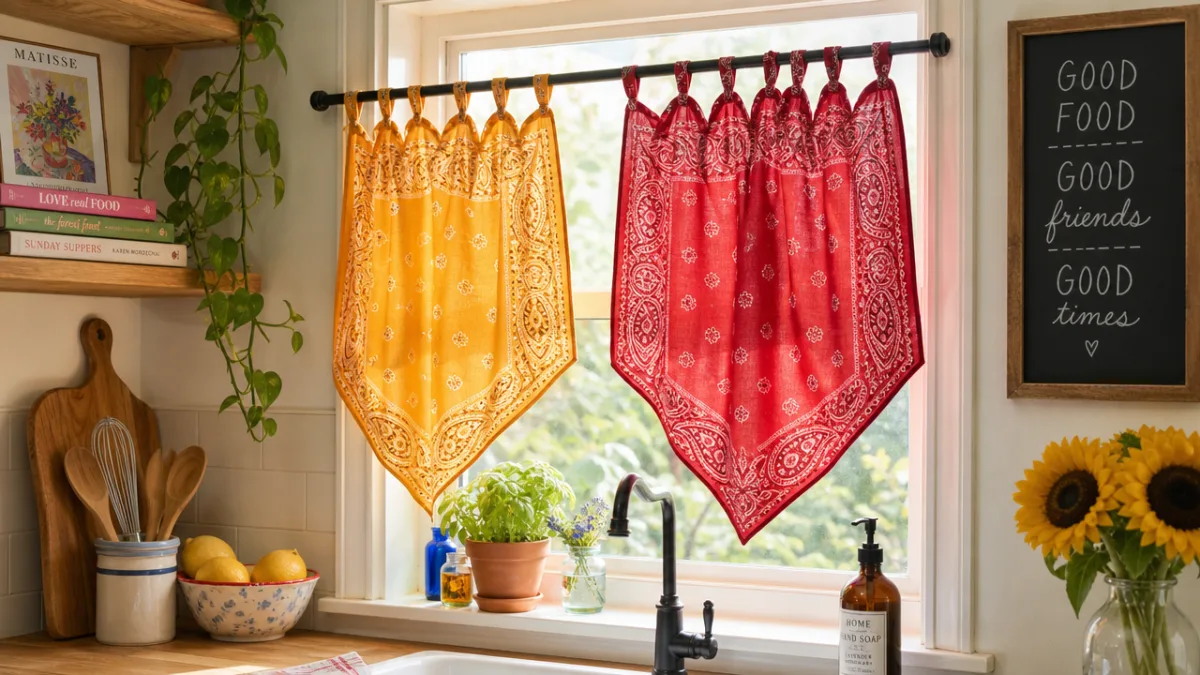 a cozy kitchen corner with colorful no-sew bandana curtains hanging on a…