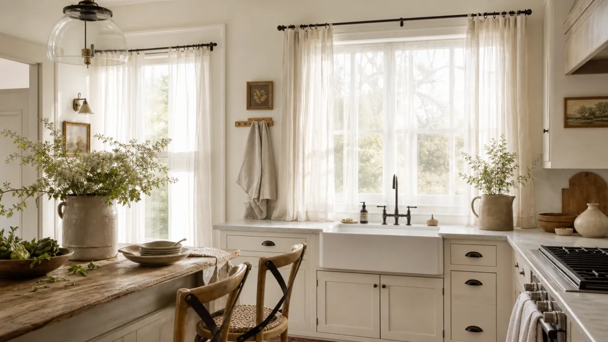 an airy farmhouse kitchen with layered white sheer and linen curtains, soft…