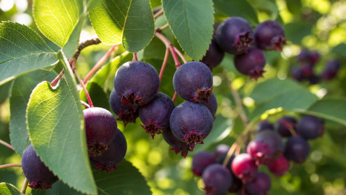 close-up of ripe dark purple Amelanchier berries on a branch with green…