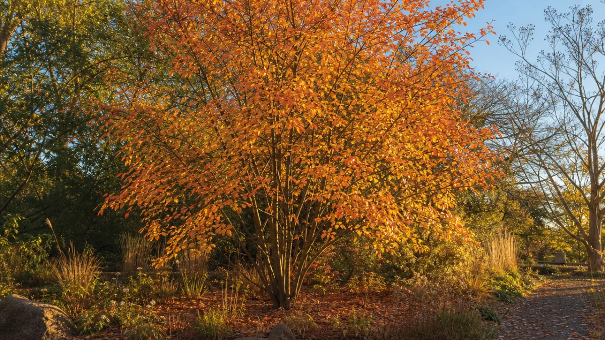a mature Amelanchier lamarckii tree in full autumn color in a naturalistic…