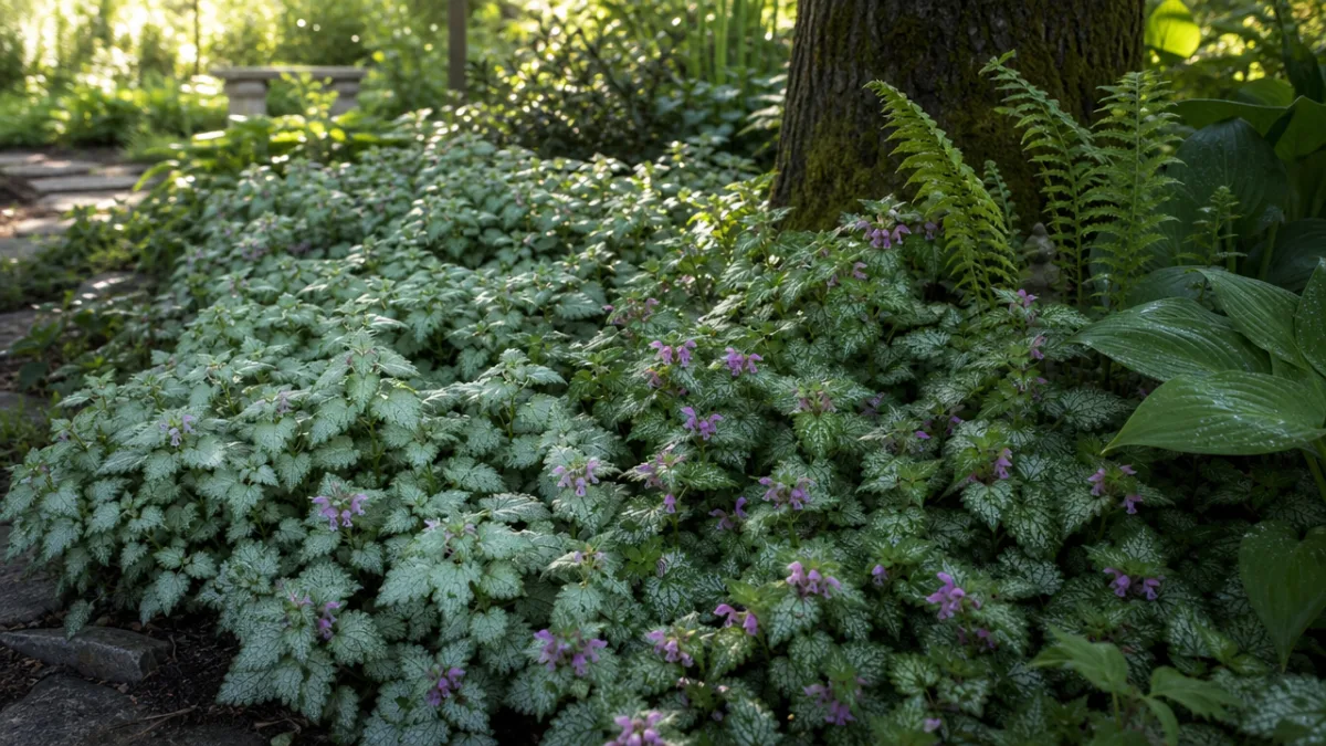 a lush shaded garden bed filled with silver and green Lamium ground…