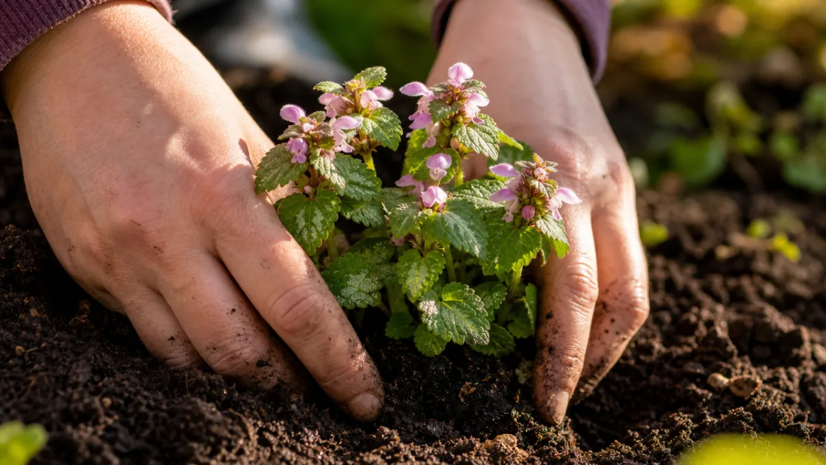 close-up of hands planting Lamium in rich dark garden soil, warm natural…