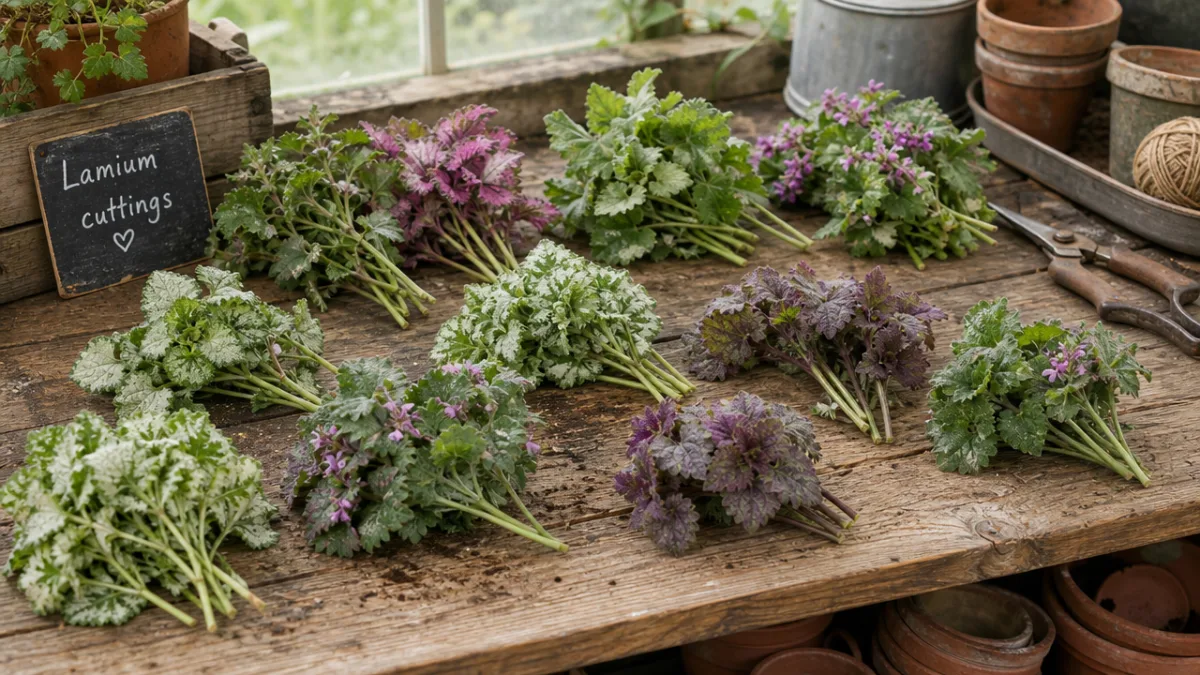 a collection of Lamium cuttings arranged on a wooden potting bench, bright…