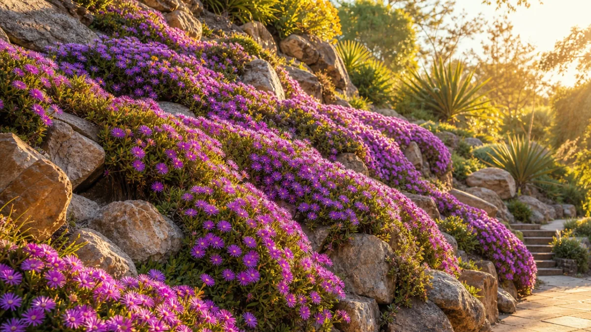 a sun-drenched rocky garden slope covered in trailing purple ice plant groundcover,…