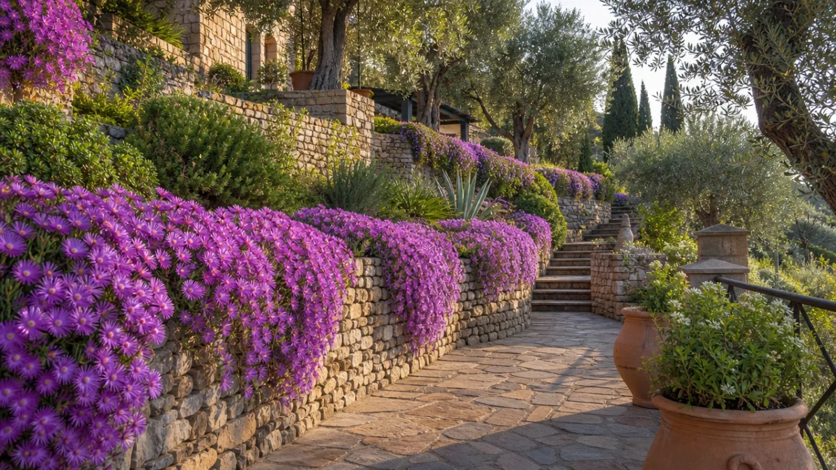 an elegant terraced Mediterranean garden with purple ice plant cascading over stone…