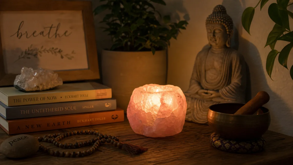 a softly lit meditation corner with a glowing pink crystal candle on…