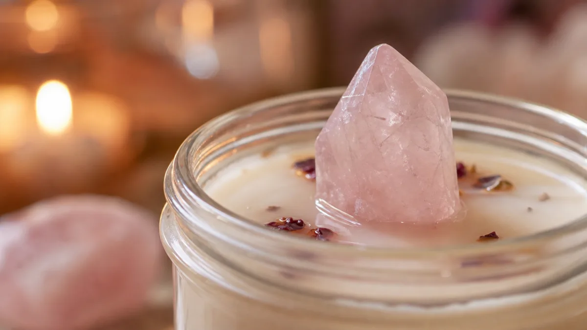 close-up of a rose quartz crystal emerging from melted soy wax in…
