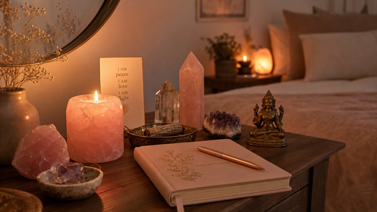 a serene bedroom altar with a glowing rose quartz candle, journal, and…