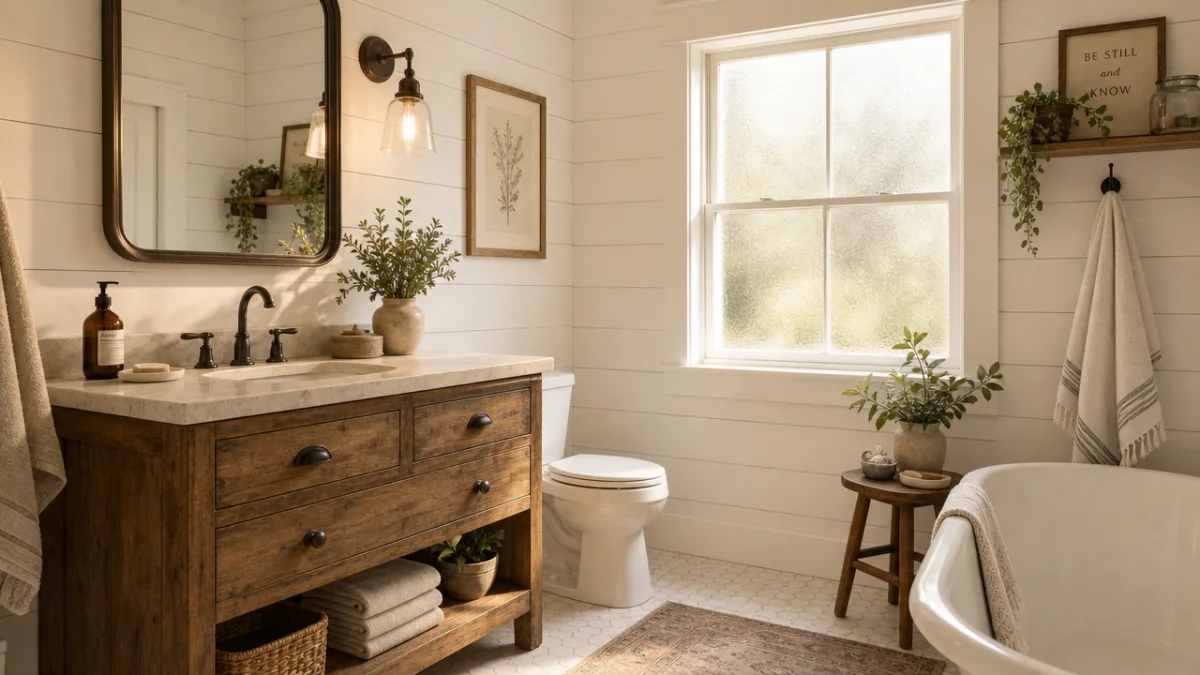 a warm farmhouse bathroom with white shiplap walls and a wooden vanity,…